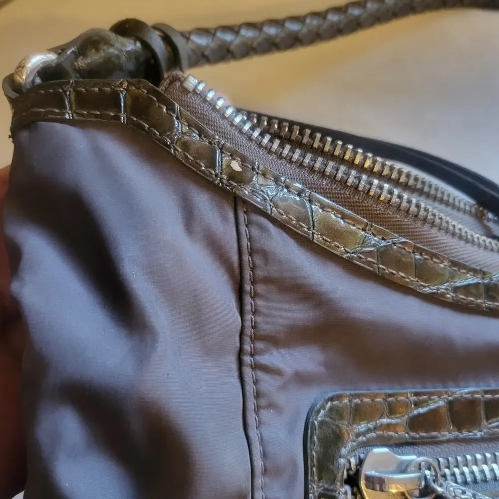 Vintage Brighton Gray Nylon Shoulder Bag Hobo Brown Leather Trim Braided Handle